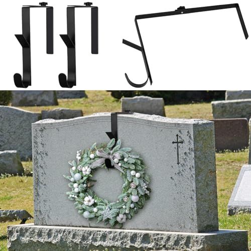 Blulu 2 Pcs Headstone Wreath Hanger Adjustable 6"- 11" Cemetery Tombstone Wreath Holder Black Stands Hook for Christmas Outdoor Grave Marker Cemetery Gravestone Flowers Decorations