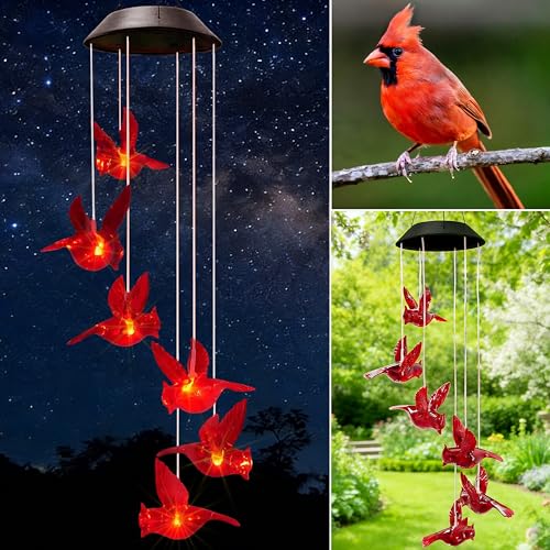 Cardinal Solar Wind Chimes for Outside,Cardinal Gifts for Women Mom Mother,Solar Red Bird Memorial Wind Chimes,Solar Powered Wind Chime Waterproof,Red Bird Decor for Garden Patio Outdoor Porch