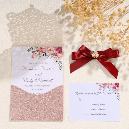 25Pcs Rose Gold Glitter Laser Cut Invitations with RSVP Card and Envelopes - color: Glitter Rose Gold