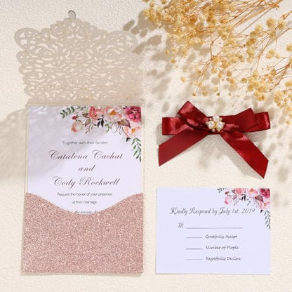 25Pcs Rose Gold Glitter Laser Cut Invitations with RSVP Card and Envelopes - color: Glitter Rose Gold