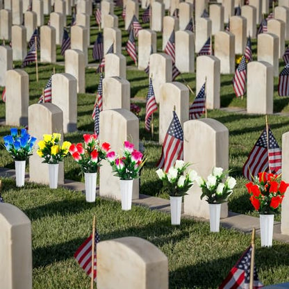 Tigeen 12 Sets Memorial Day Cemetery Flowers Bulk with Grave Vase 24 Bunches Artificial Memorial Flowers for Grave 168 Heads Silk Roses Flower Bouquets for Graveside Tombstone Headstone