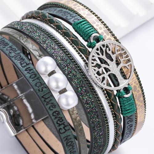 Tree of Life Inspirational Leather Wrap Bracelets Boho Western Cowgirl Cuff - color: Dark Green