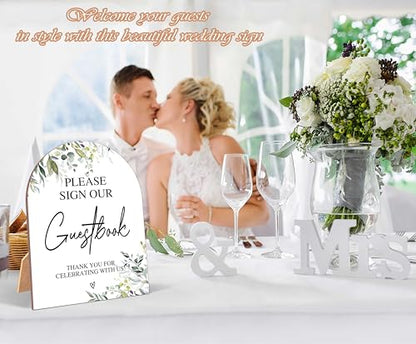 Greenery Please Sign Our Guestbook Sign, Wedding Ceremony Signs, 6 x 8 Inch Arch Wooden Tabletop Sign with Stand, Wedding Reception Decoration Supplies (PZ02) - color: Please Sign Our Guestbook