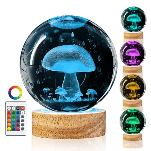 3D Crystal Ball Night Light with Remote - Upgraded 3.15 in Mushroom Glass Ball Lamp with 16 Color Wooden LED Base Cute Room Table Lamp Decor Gifts for Kids, Teens, Women - color: Mushroom