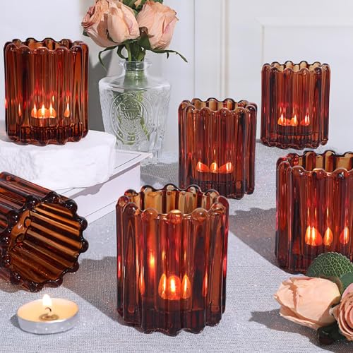 6 Pcs Votive Candle Holder, Amber Glass Vintage Tea Light Candle Holders | Tealight Candle Holder for Boho Fall Wedding Centerpieces Dinner Party Table Decor - color: Amber