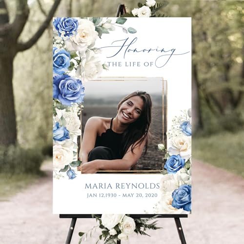 Custom White Blue Rose Celebration of Life Welcome Sign w/Photo for Funeral - color: Sign 15