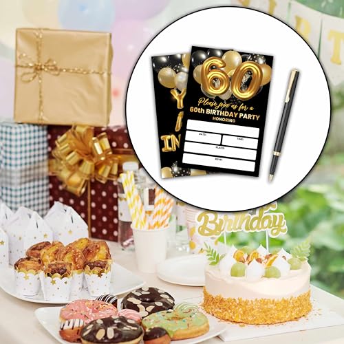 60th Birthday Invitations, Black and Gold Birthday Party Invitations, Gold Balloon Birthday Party Fill In Invitation Cards, Birthday Party Favor Supplies (20 Invites With 20 Envelopes) -60th - style: 60th