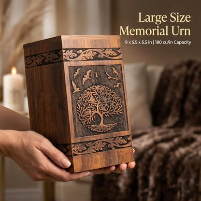 Wooden Cremation Urns Box for Human Ashes, Memorial Keepsake Boxes for Adults, Male/Female,Child, Pets Dog Cat Wood Burial Funeral Container (Peace Birds) Urn, Capacity (Large (180 lbs - 82 kg) - size: Large (180 lbs- 82 kg)