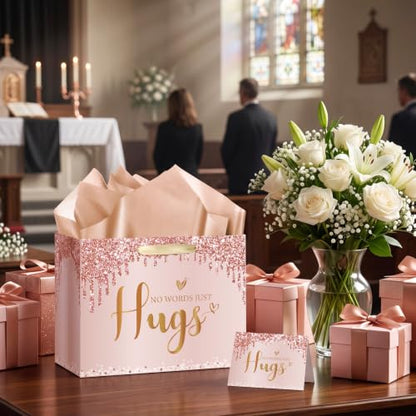 Sympathy Gift Bag for Loss of Loved One Sympathy Gifts Bag with Wrapping Paper and Greeting Card Rose Gold No Words Just Hugs Gift Wrapping Bag Thinking of You Encouragement Bereavement Party Supplies - color: Rose Gold