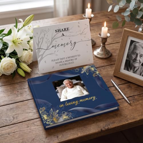 Funeral Guest Book, in Loving Memory Sign in Book with Photo Slot | 330 Entries, Table Sign Card Included, Gold Stamping, Hardcover, Celebration of Life Keepsake, 9x7.5", Navy - color: Navy Photo