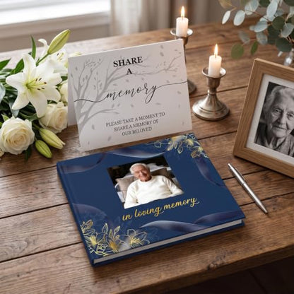 Funeral Guest Book, in Loving Memory Sign in Book with Photo Slot | 330 Entries, Table Sign Card Included, Gold Stamping, Hardcover, Celebration of Life Keepsake, 9x7.5", Navy - color: Navy Photo