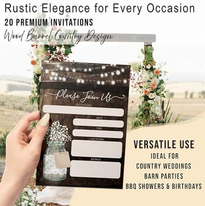 Your Main Event Prints 20 Rustic Country Wood Barrel Invitations – Fill-In Style 5x7 Invites for Wedding, Bridal Shower, Baby Shower, Birthday, Engagement, Anniversary, or Party (Pack of 2) - size: 40 Piece Set (Pack of 2)