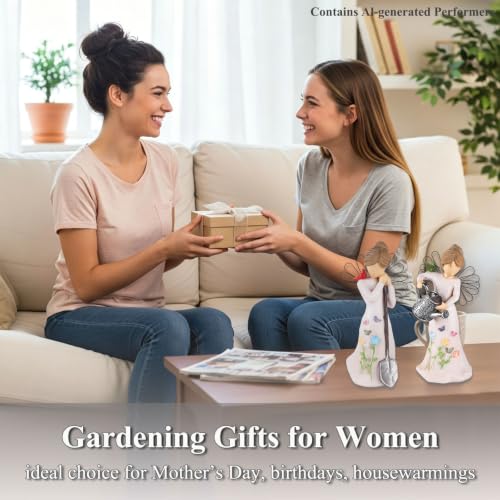 Gardening Gifts for Women - 2 Piece Unique Garden Angel Figurine | 5.9"with Watering & Shovel, Housewarming Gift for Mom Grandma Friend, Sculpted Resin Angel Statues & Friendship - style: Gardening