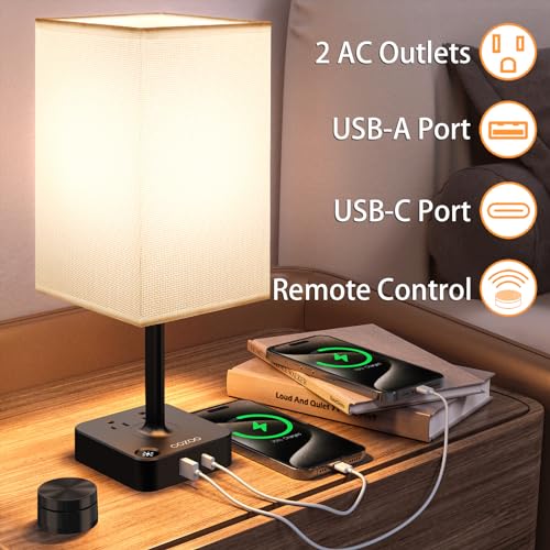 Bedroom Nightstand Lamp with Charger, Touch Table Lamps with Remote Control - color: Ivory White