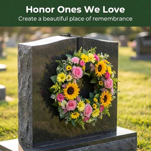 Carson Adjustable Headstone Wreath Holder – Black Metal Grave Hanger with Protective Padding – Secure Cemetery Saddle for Memorial Wreath Display 4.5 to 8.75 Inch Fit