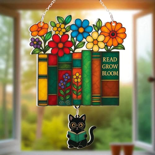 Book Lover Gifts for Mom, Mother’s Day, Teacher, Librarian, Reader, Faux Stained Glass Book Ornament, Bookish Window Hanging Decor, Floral Shelf Suncatcher - color: Katinat- Kl Cat Sun Ornament