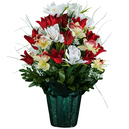Artificial Cemetery Flowers - Grave Decoration - Red Tulips and White Iris (1) Potted Arrangement - color: Red/White, size: (1) Pot