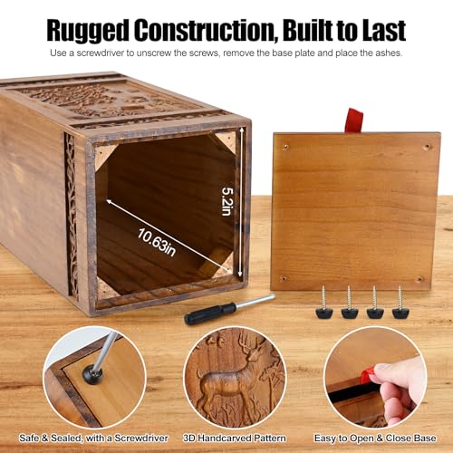 Wooden Cremation Urns for Human Ashes Adult Male Female - Handcarved Deer Wood Urn Boxe with Velvet Bag, 250 lbs Large Capacity Decorative Burial Funeral Memorial Urn