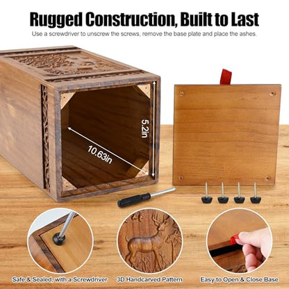 Wooden Cremation Urns for Human Ashes Adult Male Female - Handcarved Deer Wood Urn Boxe with Velvet Bag, 250 lbs Large Capacity Decorative Burial Funeral Memorial Urn