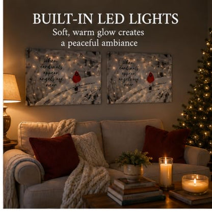 Cardinal Memorial LED Canvas Wall Art Set of 2 – Lighted Winter Snow Scene with “When Cardinals Appear Angels Are Near” – Sympathy Gift for Loss of Loved One – Battery Operated Wall Décor – 16" x 12"