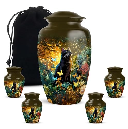 Yatskia Black Cat with Flowers Little Funeral Urns for Human Ashes Adult Mother and Father, Large Cremation Urn for Adult Ashes, (Classic 10 Inch and 3 Inch) - color: #5 Cat, size: 10 Inch and 3 Inch (Pack of 5)