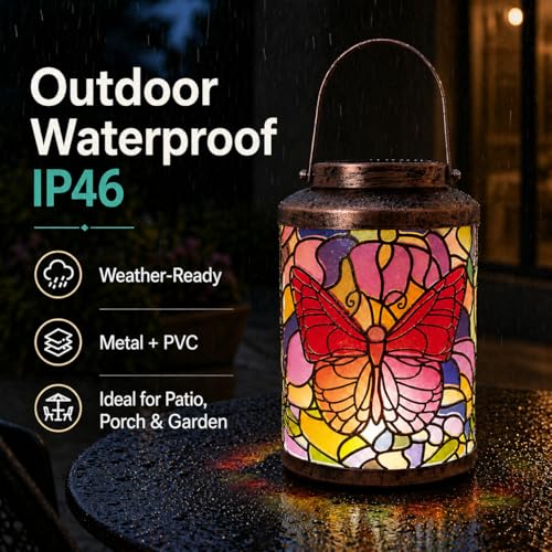 Solar Lanterns Outdoor Waterproof Butterfly Metal Hanging Light | Metal butterfly LED lantern with handle for hanging decor on patio, yard, porch, pathway and garden, gifts for women and mom - style: Butterfly