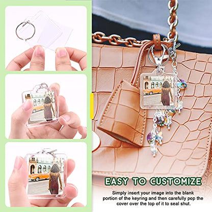 Keadic 40 Pcs Acrylic Photo Frame Keyring Assortment Set, Pendant Picture Frame Keyrings, Personalized Clear Blank Photo Keychain Holder, Heart, Rectangle, Round, Square Suit for Artwork