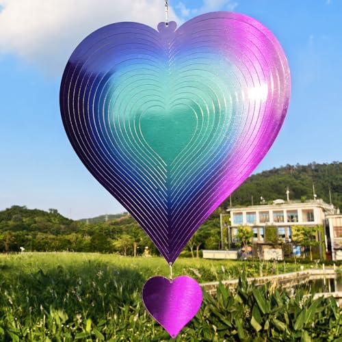 DJUAN 15in Large Heart Wind Spinner Garden Decor,Gifts for Women,Mom and Grandma,Mother's Day,Birthdays, Purple-Green Stainless Steel Hanging Yard Art Outdoor & Indoor Decorations - color: 15in Purple-green Heart
