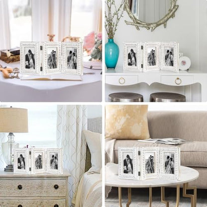 MODE HOME Whitewashed Folding 3 Picture Frame 4x6, Wooden Triple 4 x 6 Picture Frame for Tabletop Display, Farmhouse Picture Frames with Hinged Design, Family Photo Frame 4x6 - color: White, size: 3 Folding 4x6