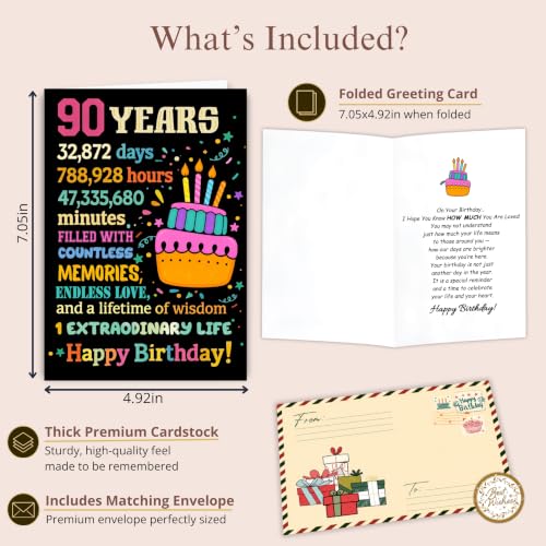 90th Birthday Card, 90th Birthday Card for Women Men with Seal and Envelope, 90 Year Old Birthdayy Cards for Mom Dad Grandma Grandpa from Daughter Son Granddaughter Grandson - color: 90th