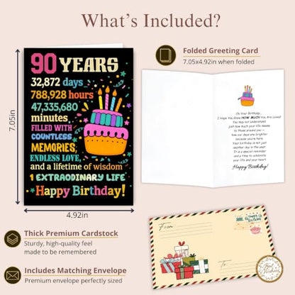90th Birthday Card, 90th Birthday Card for Women Men with Seal and Envelope, 90 Year Old Birthdayy Cards for Mom Dad Grandma Grandpa from Daughter Son Granddaughter Grandson - color: 90th