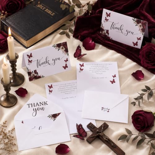 Fumete 50 Set Funeral Thank You Cards, Red Butterfly - style: Red Butterfly