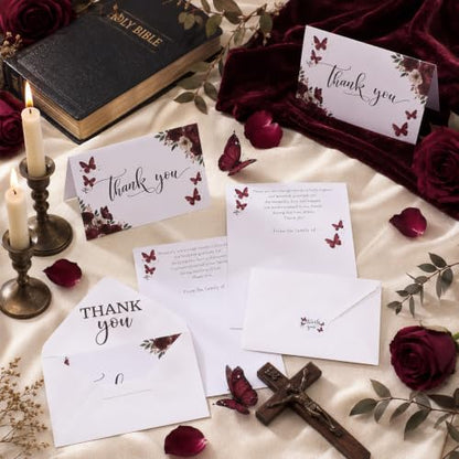 Fumete 50 Set Funeral Thank You Cards, Red Butterfly - style: Red Butterfly