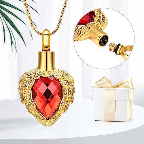 memorial jewelry Gold Angel Wings Glass Heart Urn Pet/Human Cremation Pendant Necklace Jewelry for Ashes - color: Red