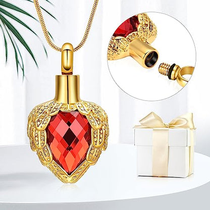 memorial jewelry Gold Angel Wings Glass Heart Urn Pet/Human Cremation Pendant Necklace Jewelry for Ashes - color: Red