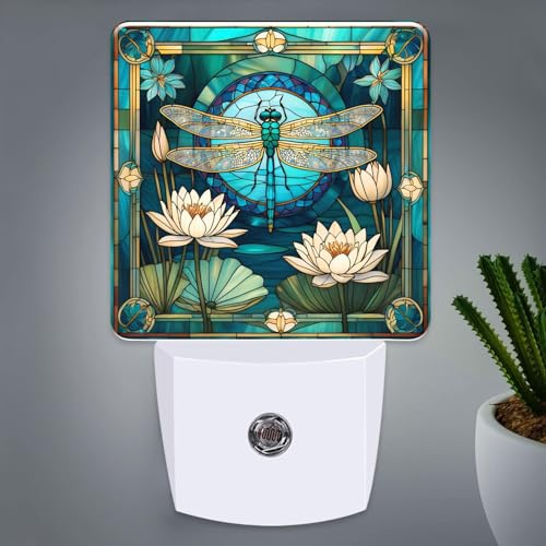 Dragonfly & Flowers Stained Glass Night Lights Plug into Wall for Room, Dragonfly & Flowers Night Light LED for Bedroom - color: Dragonfly & Flowers