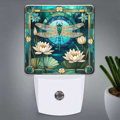 Dragonfly & Flowers Stained Glass Night Lights Plug into Wall for Room, Dragonfly & Flowers Night Light LED for Bedroom - color: Dragonfly & Flowers