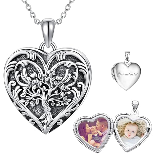 SOULMEET Personalized Silver Locket Necklace That Holds Pictures Photo Keep Someone Near to You, Memorial Custom Lockets Necklaces Letters Engraving for His Her - color: D-Tree-Black, style: Locket+Custom Photo+Engraved