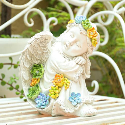 Garden Angels Outdoor Statue, Solar Cherub Baby Angel with Succulent | 8'' Resin Sleeping Angel Statue with Warm Glow, Angel Figurines Gardening Gifts for Mother Grandma Yard Patio Lawn Decoration - style: Sleeping Cherub