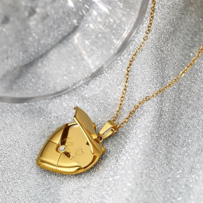 Gold Locket Necklace for Women Vintage, Heart Star Moon Butterfly Angel Holds Picture Photo Oval Locket Pendant Memorial Necklace Personalized Celestial Jewelry Birthday Gifts - style: Heart Envelope