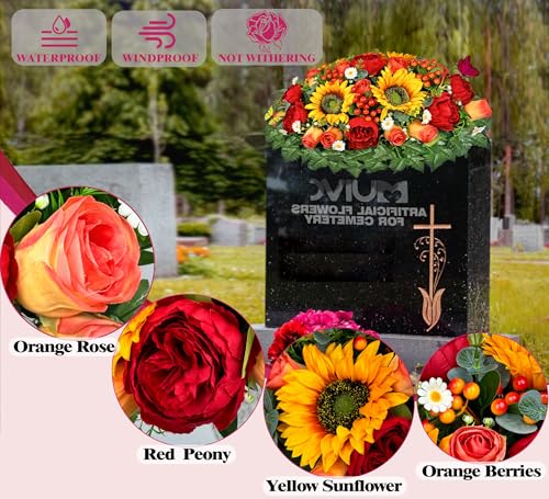 MUVIC Artificial Cemetery Flowers for Outdoor Grave Decorations - Sympathy Headstone Flower Saddle - Realistic Sunflower Rose