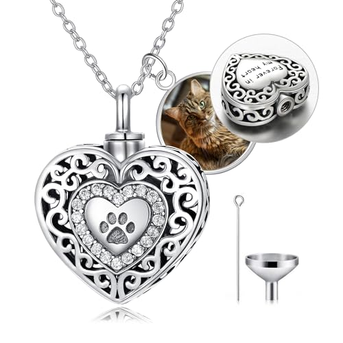 Filigree Dog Paw Urn Locket Necklace 925 Sterling Silver Print Pet Urn Necklace for Ashes Engraved Personalized Cremation Jewelry Pictures Keepsake Memorial Gifts for Women Men - style: A Custom Engraved
