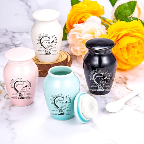 4PCS Ceramic Urns for Ashes, Small Memorial Keepsake Set, Tree of Life | Handcrafted Ceramic, Secure Lid, Compact 2.75" Size, Sharing Set, Filling Spoon & Presentation Box Included