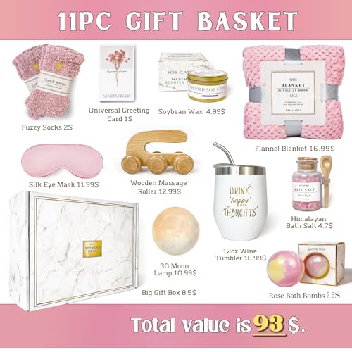AHAGIFTREE Birthday Gifts,self care,11PC care package with Moon Lamp,Get Well Soon Gift Baskets for Women After Surgery,Condolences Gift Basket for Loss,Sympathy Baskets for friend,mom (Pink) - color: Pink