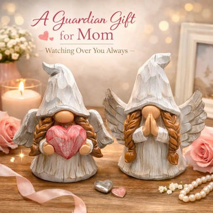 Hodao Angel Gnomes Figurines Set of 2, Handcrafted Wood-Like Resin Guardian Angel Statues with Heart & Prayer, Lucky Home Decor for Shelf, Tiered Tray, Christmas for Mom Grandma Friends