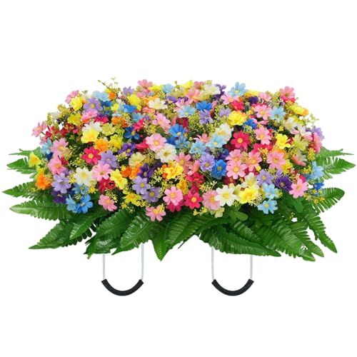Headstone Flower Saddle, Grave Decorations, Colorful Wildflowers | Realistic, Artificial Cemetery Flowers for Grave, for Spring, Easter, Memorial Day, Outdoor Decor for Tombstone, Gravestone - color: Multicolor-10 Colors
