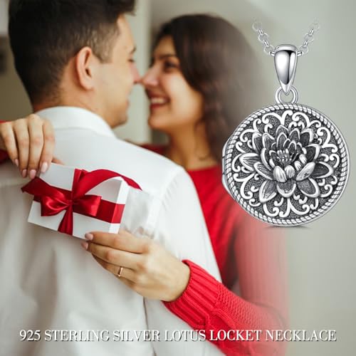 Round Locket Necklace 925 Sterling Silver Filigree/Flower Locket Necklace That Holds Pictures Birthday Christmas Jewelry Gifts for Women - color: 06-Lotus Locket