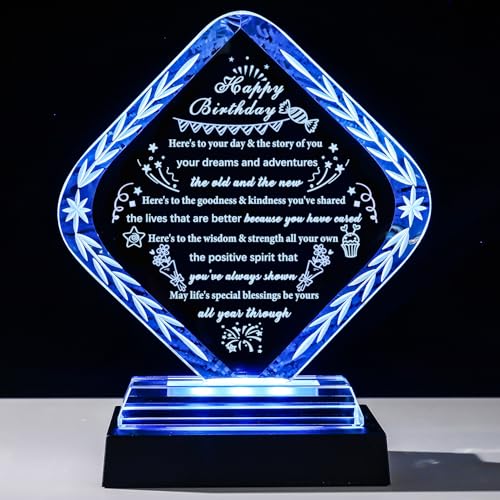 YWHL Happy Birthday Gifts for Women Men with Colorful LED Base, Laser Engraved Glass Birthday Plaque Gift for Her Him Bday Decorations Unique Birthdays Gifts Ideas for Mom Dad Grandma Wife Friends - style: Happy Birthday Gifts+Light Base
