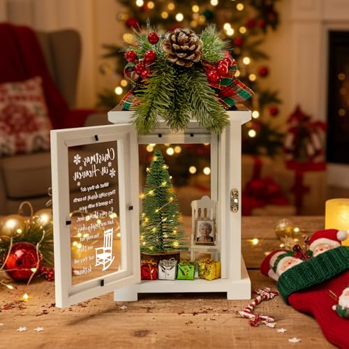 Christmas in Heaven Memorial Lantern with Wreath Small Photo Frame Christmas Ornaments Set Memorial Gift for Loss of Loved One Father Mother in Loving Memory Gifts