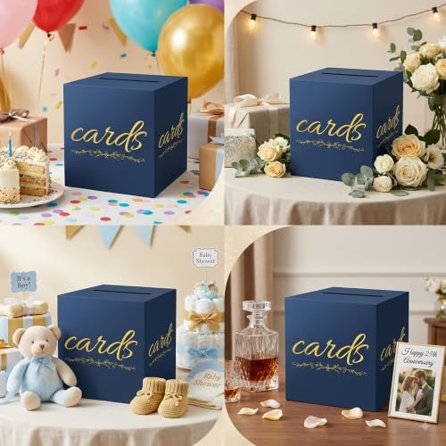 Navy Blue and Gold Card Box for Party Graduation Baby Bridal Shower Birthday Funeral 7.8 x 7.8 x 7.8 In Gift Card Holder Wedding Card Boxes for Reception Raffle Voting Ballot Box with Slot - color: BlueGoldF